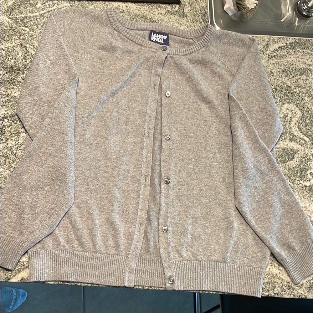 Lands' End Gray Knit Cardigan Sweater